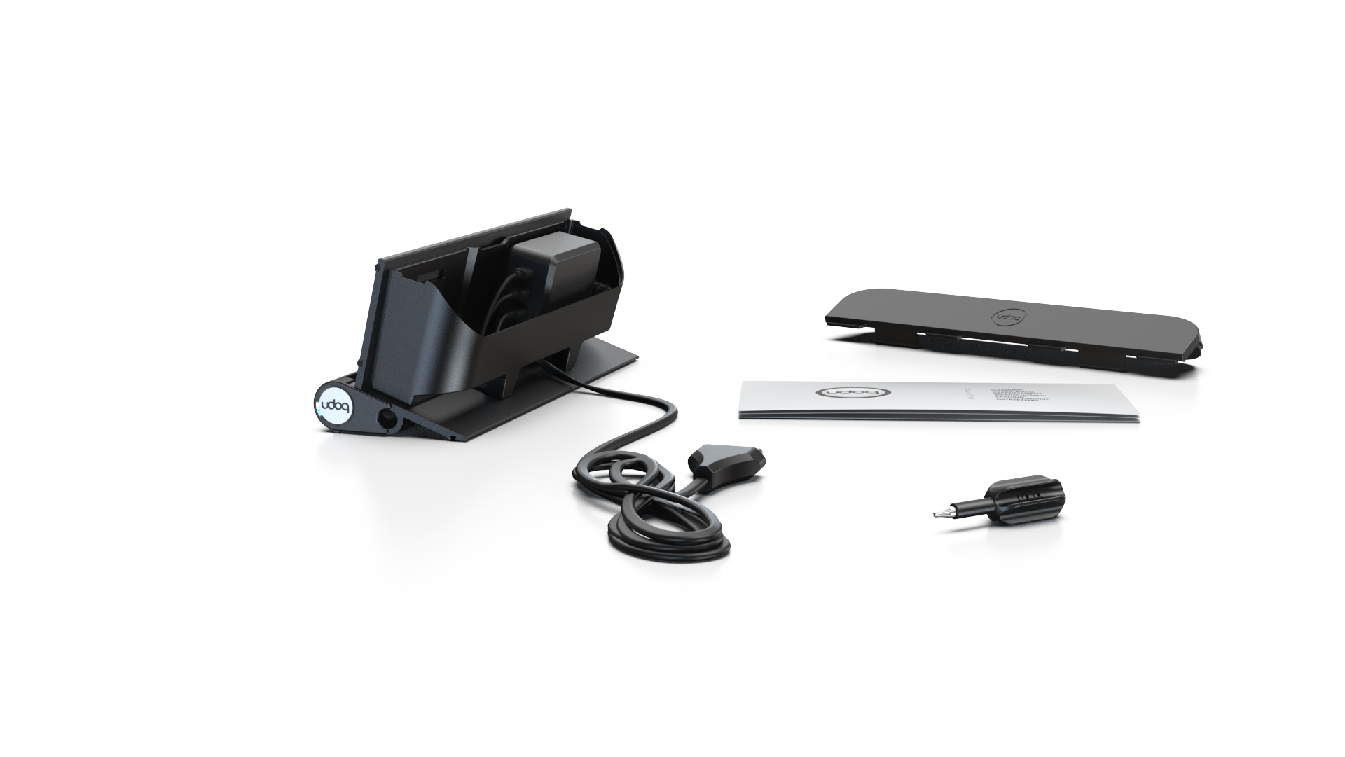 udoq 250 TABLET USB-C schwarz - 1 fach Ladestation gefräst und eloxiert aus solidem Aluminium. Exklusives Design mit patentierten verschiebbaren Anschlüssen. Lade platzsparend alle iPad, iPhone, AirPods, Apple Watch und Android Geräte mit bis zu 136W.