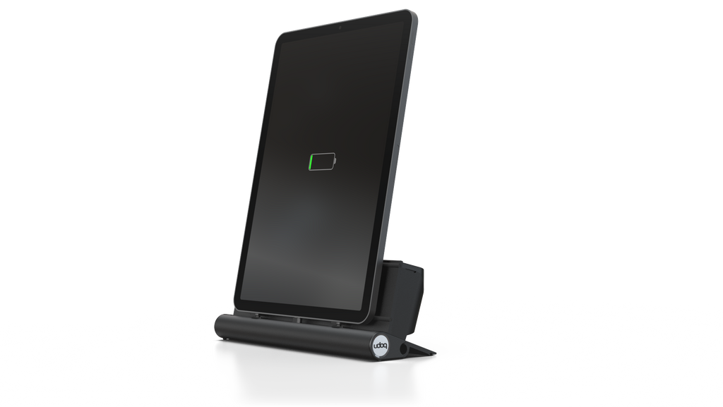 udoq 250 TABLET USB-C schwarz - 1 fach Ladestation gefräst und eloxiert aus solidem Aluminium. Exklusives Design mit patentierten verschiebbaren Anschlüssen. Lade platzsparend alle iPad, iPhone, AirPods, Apple Watch und Android Geräte mit bis zu 136W.