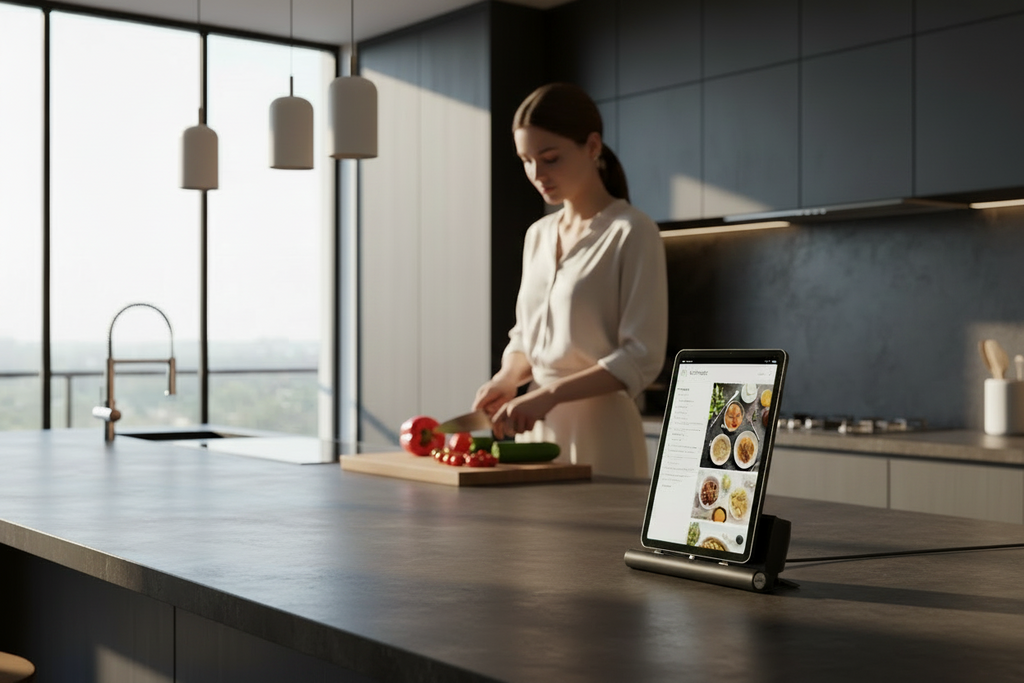 udoq 250 TABLET USB-C schwarz - 1 fach Ladestation gefräst und eloxiert aus solidem Aluminium. Exklusives Design mit patentierten verschiebbaren Anschlüssen. Lade platzsparend alle iPad, iPhone, AirPods, Apple Watch und Android Geräte mit bis zu 136W. AA