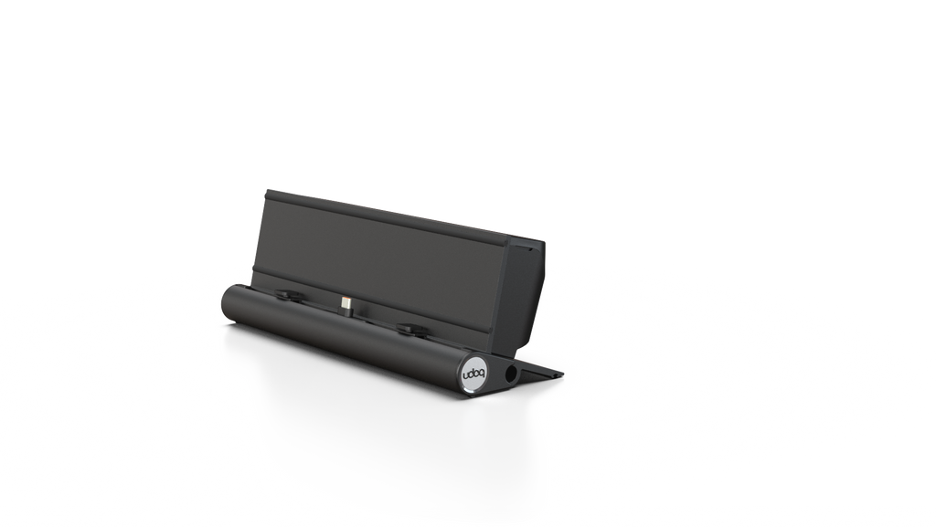 udoq 250 TABLET USB-C schwarz - 1 fach Ladestation gefräst und eloxiert aus solidem Aluminium. Exklusives Design mit patentierten verschiebbaren Anschlüssen. Lade platzsparend alle iPad, iPhone, AirPods, Apple Watch und Android Geräte mit bis zu 136W.