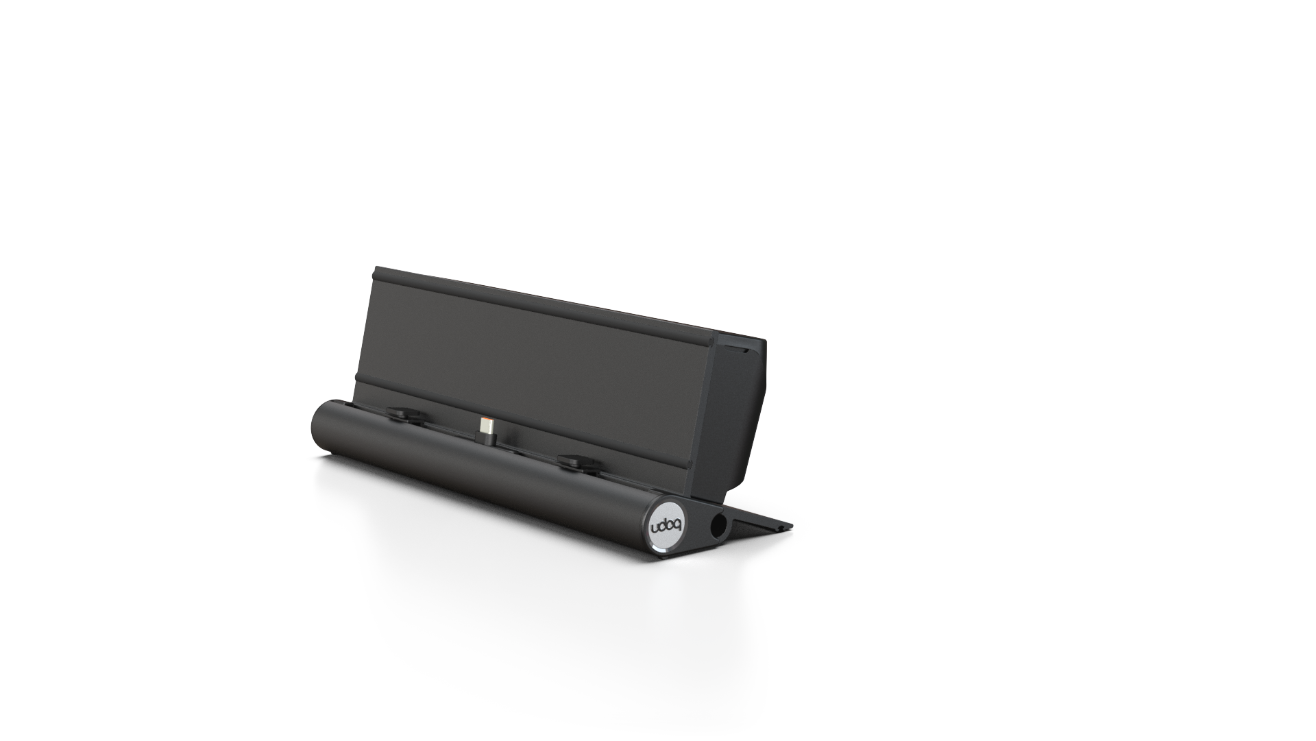 udoq 250 TABLET USB-C schwarz - 1 fach Ladestation gefräst und eloxiert aus solidem Aluminium. Exklusives Design mit patentierten verschiebbaren Anschlüssen. Lade platzsparend alle iPad, iPhone, AirPods, Apple Watch und Android Geräte mit bis zu 136W.
