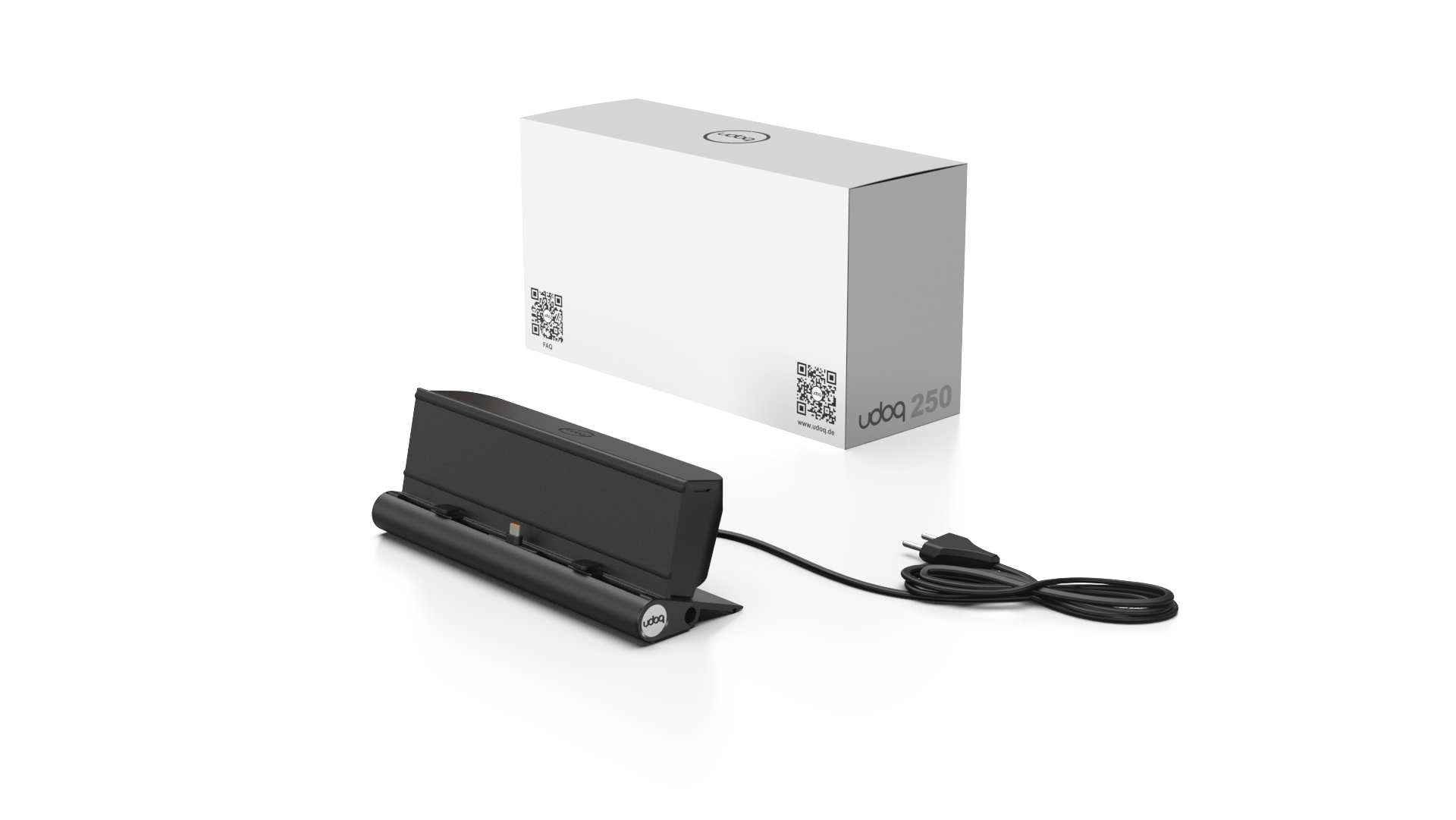 udoq 250 TABLET USB-C schwarz - 1 fach Ladestation gefräst und eloxiert aus solidem Aluminium. Exklusives Design mit patentierten verschiebbaren Anschlüssen. Lade platzsparend alle iPad, iPhone, AirPods, Apple Watch und Android Geräte mit bis zu 136W.