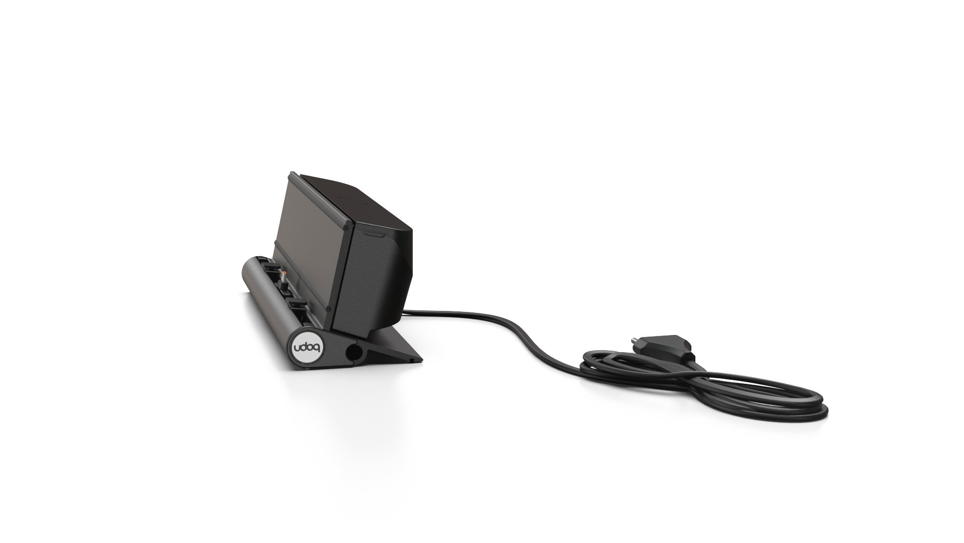 udoq 250 TABLET USB-C schwarz - 1 fach Ladestation gefräst und eloxiert aus solidem Aluminium. Exklusives Design mit patentierten verschiebbaren Anschlüssen. Lade platzsparend alle iPad, iPhone, AirPods, Apple Watch und Android Geräte mit bis zu 136W.