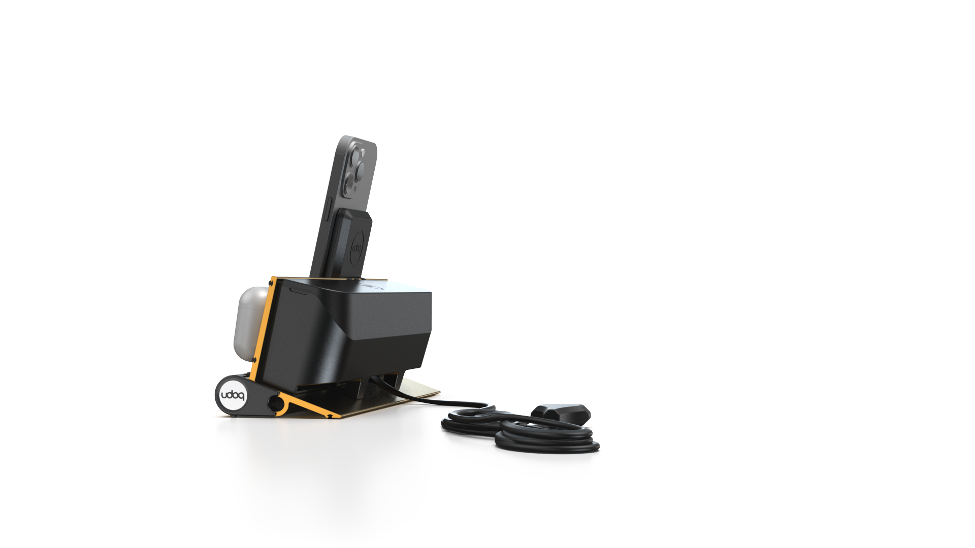 udoq 250 PREMIUM gold - 2 fach Ladestation gefräst und eloxiert aus solidem Aluminium. Exklusives Design mit patentierten verschiebbaren Anschlüssen. Lade platzsparend alle iPad, iPhone, AirPods, Apple Watch und Android Geräte mit bis zu 136W.