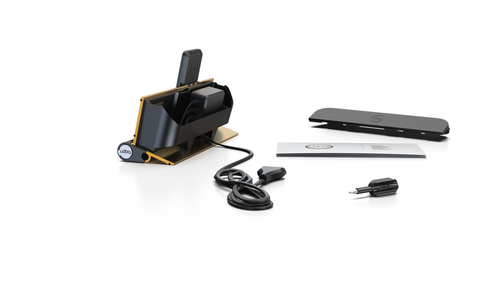 udoq 250 PREMIUM gold - 2 fach Ladestation gefräst und eloxiert aus solidem Aluminium. Exklusives Design mit patentierten verschiebbaren Anschlüssen. Lade platzsparend alle iPad, iPhone, AirPods, Apple Watch und Android Geräte mit bis zu 136W.