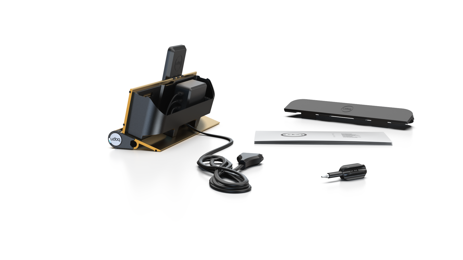 udoq 250 PREMIUM gold - 2 fach Ladestation gefräst und eloxiert aus solidem Aluminium. Exklusives Design mit patentierten verschiebbaren Anschlüssen. Lade platzsparend alle iPad, iPhone, AirPods, Apple Watch und Android Geräte mit bis zu 136W.