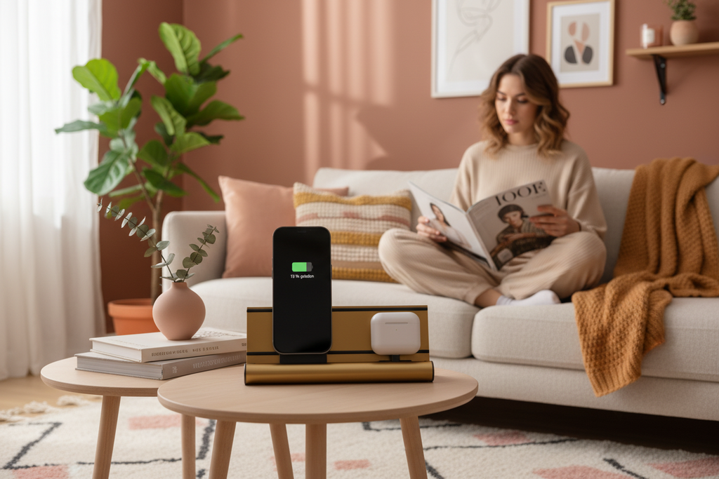 udoq 250 PREMIUM gold - 2 fach Ladestation gefräst und eloxiert aus solidem Aluminium. Exklusives Design mit patentierten verschiebbaren Anschlüssen. Lade platzsparend alle iPad, iPhone, AirPods, Apple Watch und Android Geräte mit bis zu 136W. AA