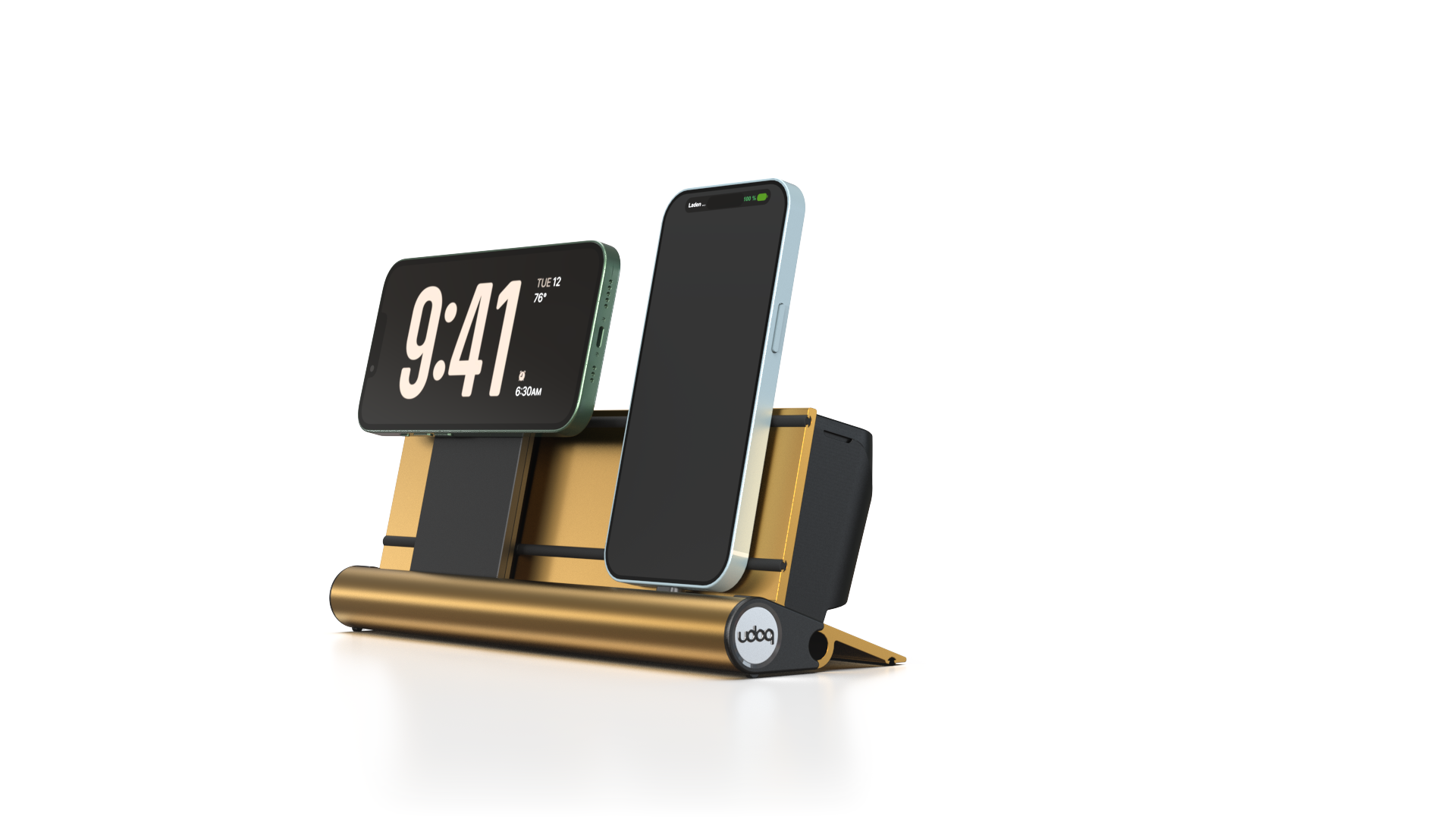 udoq 250 PREMIUM gold - 2 fach Ladestation gefräst und eloxiert aus solidem Aluminium. Exklusives Design mit patentierten verschiebbaren Anschlüssen. Lade platzsparend alle iPad, iPhone, AirPods, Apple Watch und Android Geräte mit bis zu 136W.