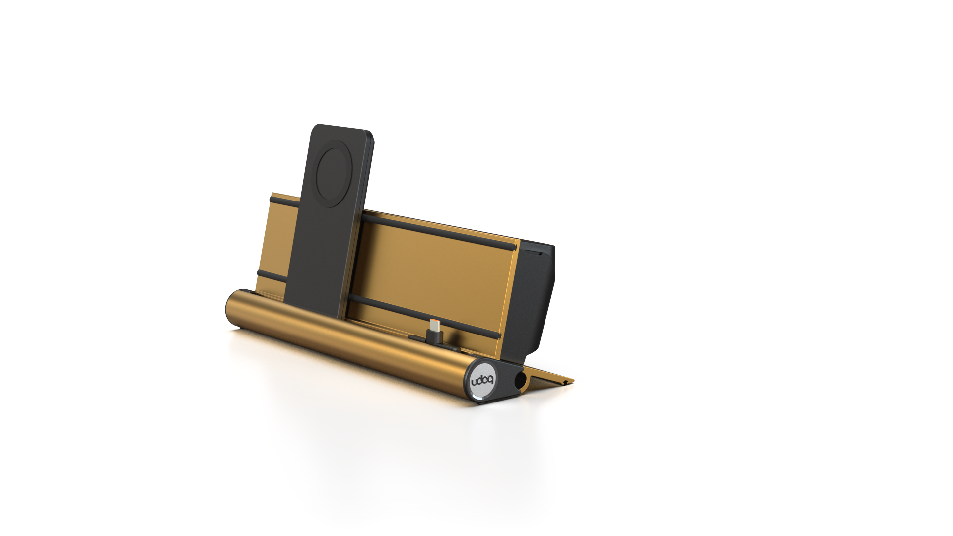 udoq 250 PREMIUM gold - 2 fach Ladestation gefräst und eloxiert aus solidem Aluminium. Exklusives Design mit patentierten verschiebbaren Anschlüssen. Lade platzsparend alle iPad, iPhone, AirPods, Apple Watch und Android Geräte mit bis zu 136W.