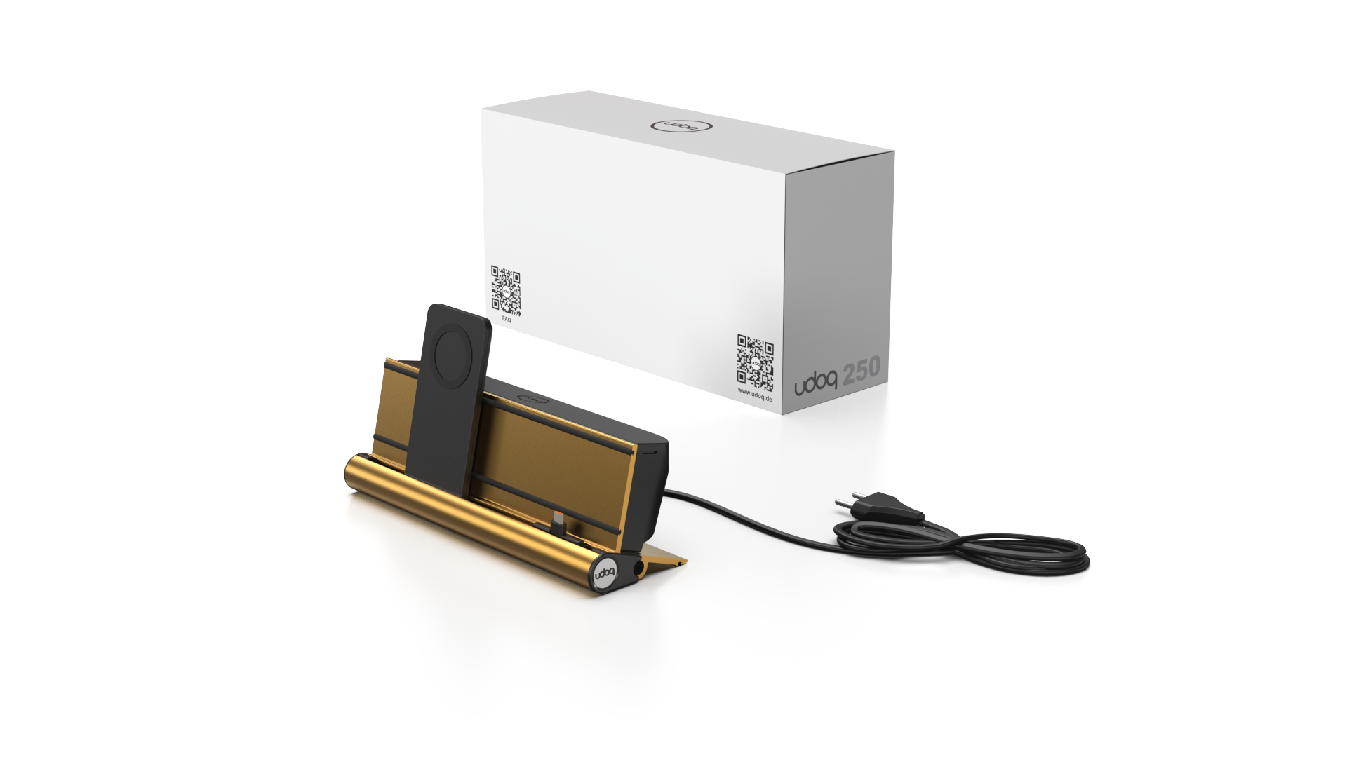 udoq 250 PREMIUM gold - 2 fach Ladestation gefräst und eloxiert aus solidem Aluminium. Exklusives Design mit patentierten verschiebbaren Anschlüssen. Lade platzsparend alle iPad, iPhone, AirPods, Apple Watch und Android Geräte mit bis zu 136W.