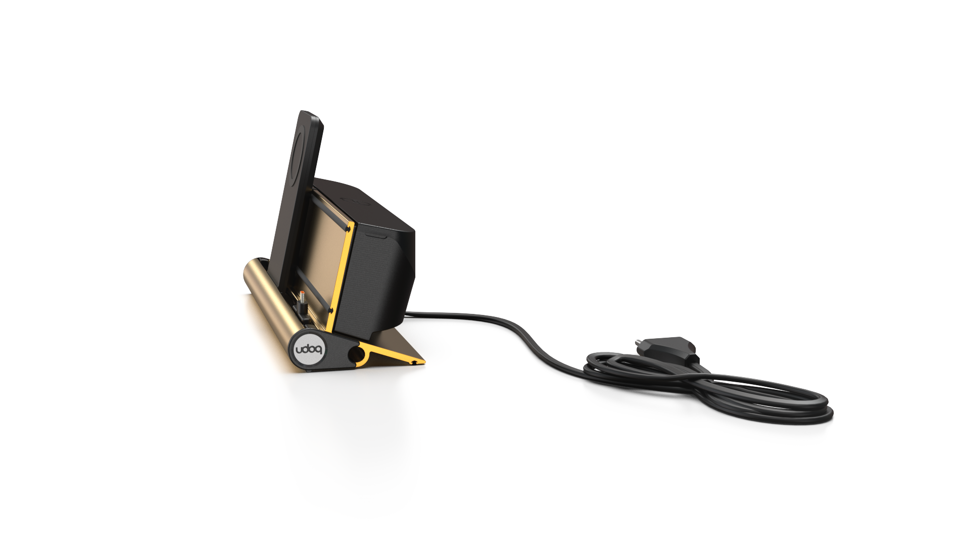 udoq 250 PREMIUM gold - 2 fach Ladestation gefräst und eloxiert aus solidem Aluminium. Exklusives Design mit patentierten verschiebbaren Anschlüssen. Lade platzsparend alle iPad, iPhone, AirPods, Apple Watch und Android Geräte mit bis zu 136W.