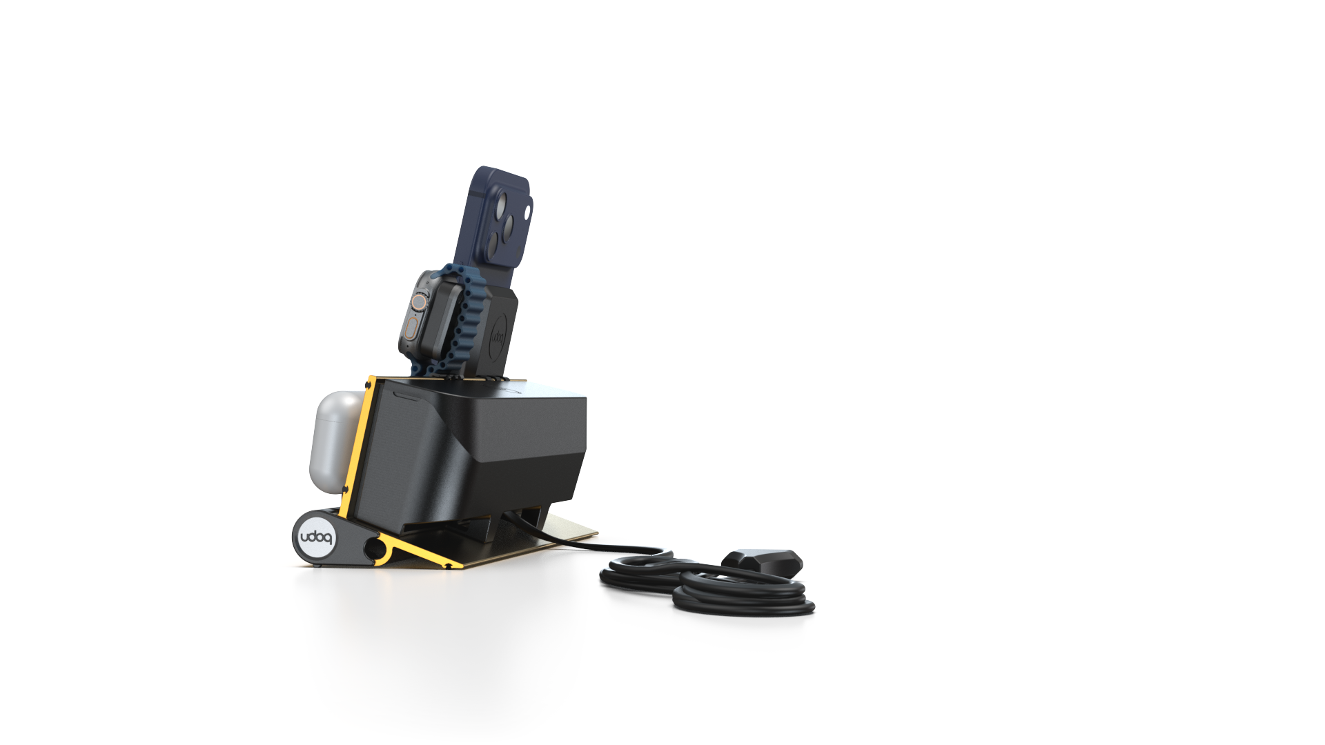 udoq 250 PREMIUM WATCH Ladestation gold - 3 fach Ladestation gefräst und eloxiert aus solidem Aluminium. Exklusives Design mit patentierten verschiebbaren Anschlüssen. Lade platzsparend alle iPad, iPhone, AirPods, Apple Watch und Android Geräte mit bis zu 136W.