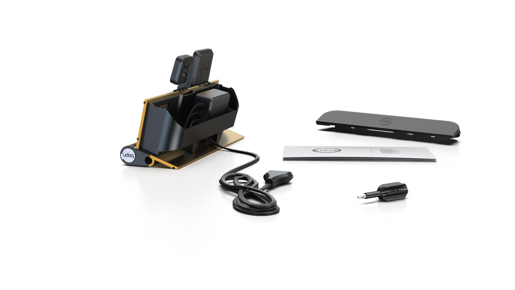 udoq 250 PREMIUM WATCH Ladestation gold - 3 fach Ladestation gefräst und eloxiert aus solidem Aluminium. Exklusives Design mit patentierten verschiebbaren Anschlüssen. Lade platzsparend alle iPad, iPhone, AirPods, Apple Watch und Android Geräte mit bis zu 136W.