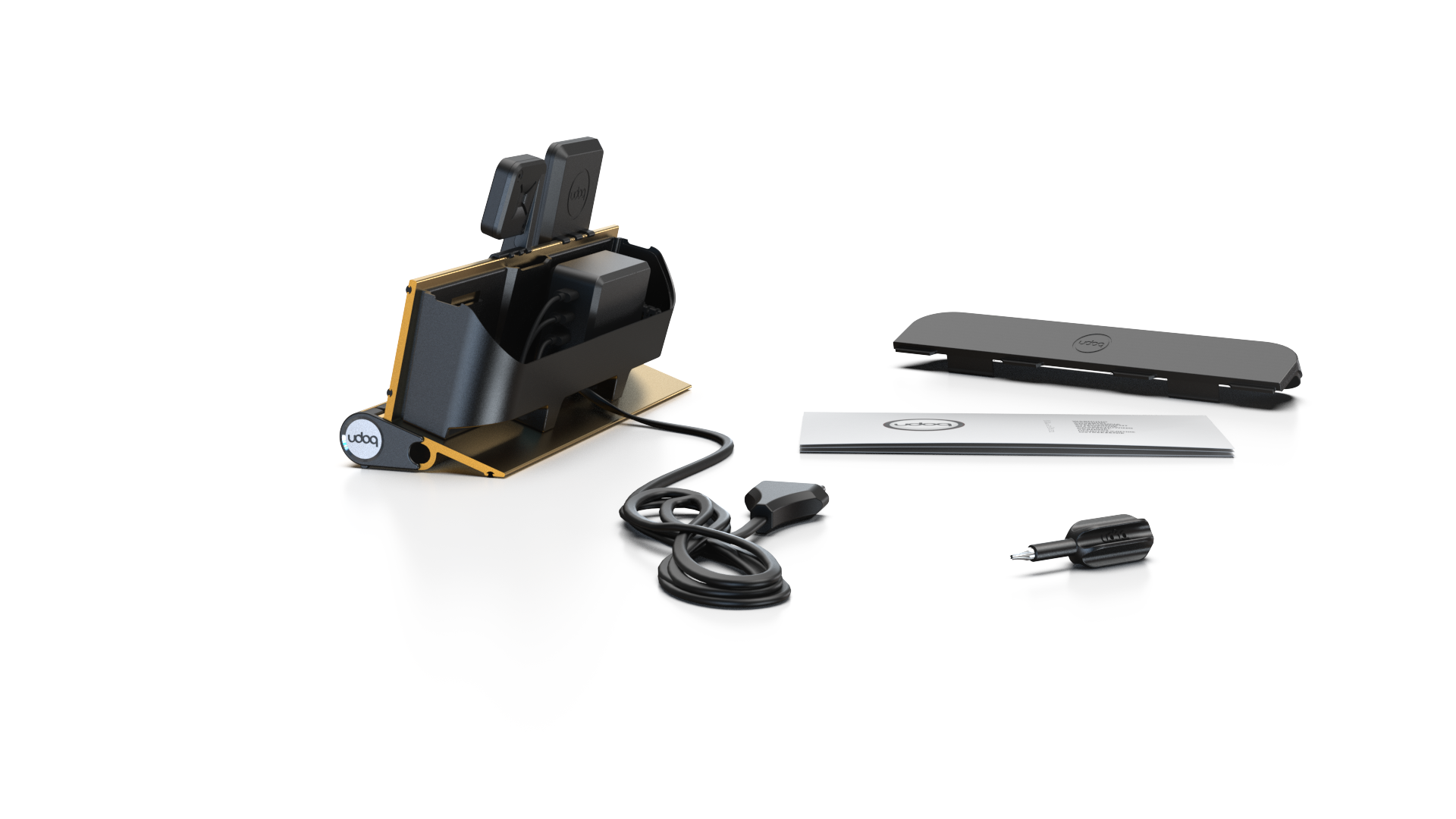 udoq 250 PREMIUM WATCH Ladestation gold - 3 fach Ladestation gefräst und eloxiert aus solidem Aluminium. Exklusives Design mit patentierten verschiebbaren Anschlüssen. Lade platzsparend alle iPad, iPhone, AirPods, Apple Watch und Android Geräte mit bis zu 136W.