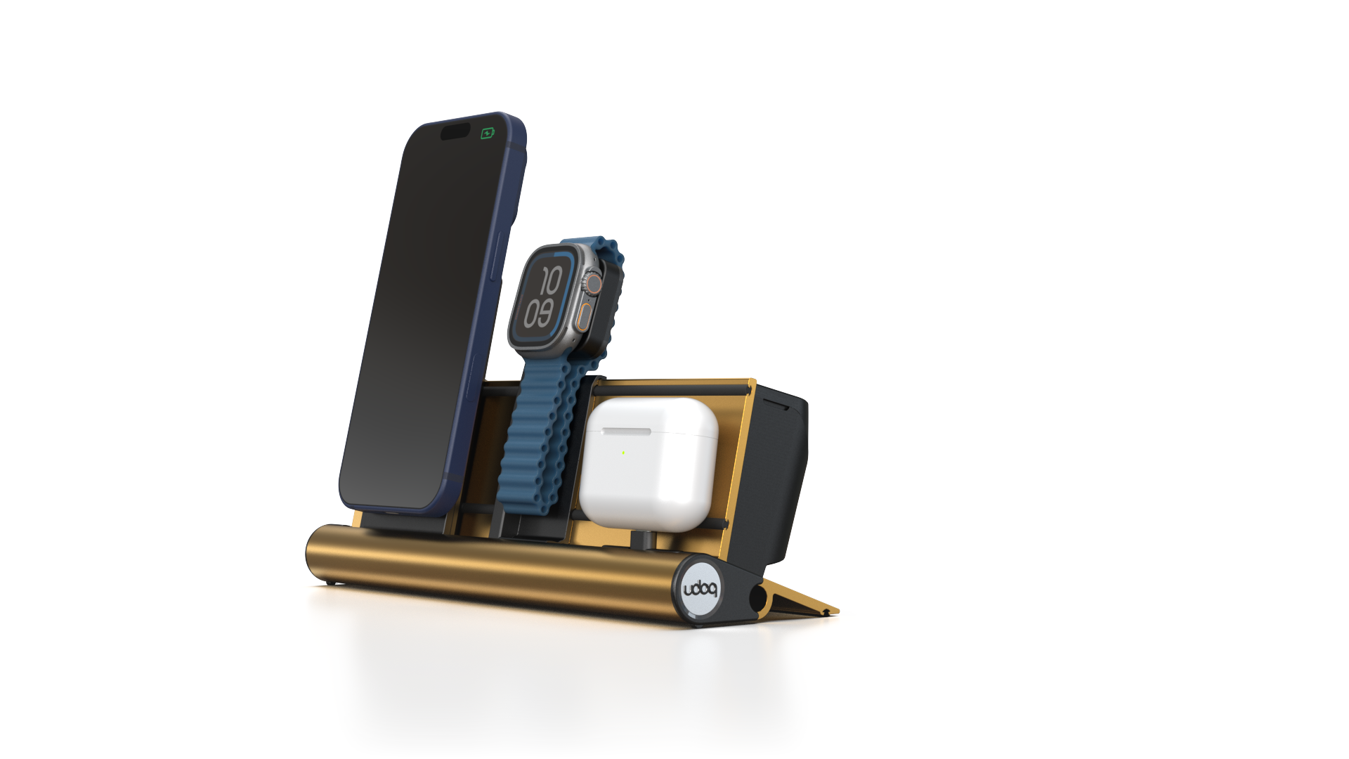 udoq 250 PREMIUM WATCH Ladestation gold - 3 fach Ladestation gefräst und eloxiert aus solidem Aluminium. Exklusives Design mit patentierten verschiebbaren Anschlüssen. Lade platzsparend alle iPad, iPhone, AirPods, Apple Watch und Android Geräte mit bis zu 136W.