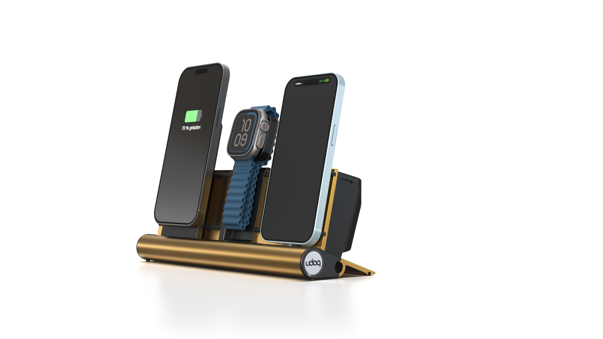 udoq 250 PREMIUM WATCH Ladestation gold - 3 fach Ladestation gefräst und eloxiert aus solidem Aluminium. Exklusives Design mit patentierten verschiebbaren Anschlüssen. Lade platzsparend alle iPad, iPhone, AirPods, Apple Watch und Android Geräte mit bis zu 136W.