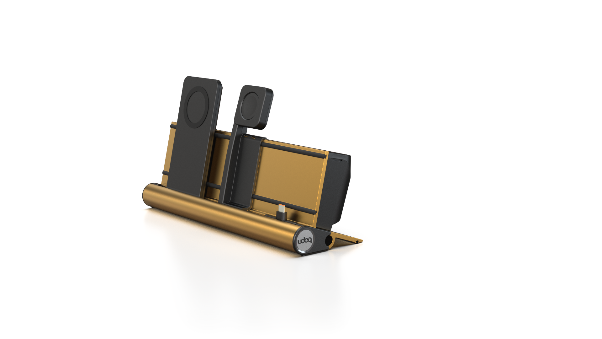 udoq 250 PREMIUM WATCH Ladestation gold - 3 fach Ladestation gefräst und eloxiert aus solidem Aluminium. Exklusives Design mit patentierten verschiebbaren Anschlüssen. Lade platzsparend alle iPad, iPhone, AirPods, Apple Watch und Android Geräte mit bis zu 136W.