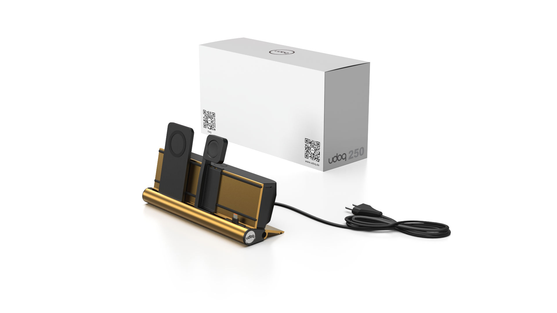 udoq 250 PREMIUM WATCH Ladestation gold - 3 fach Ladestation gefräst und eloxiert aus solidem Aluminium. Exklusives Design mit patentierten verschiebbaren Anschlüssen. Lade platzsparend alle iPad, iPhone, AirPods, Apple Watch und Android Geräte mit bis zu 136W.