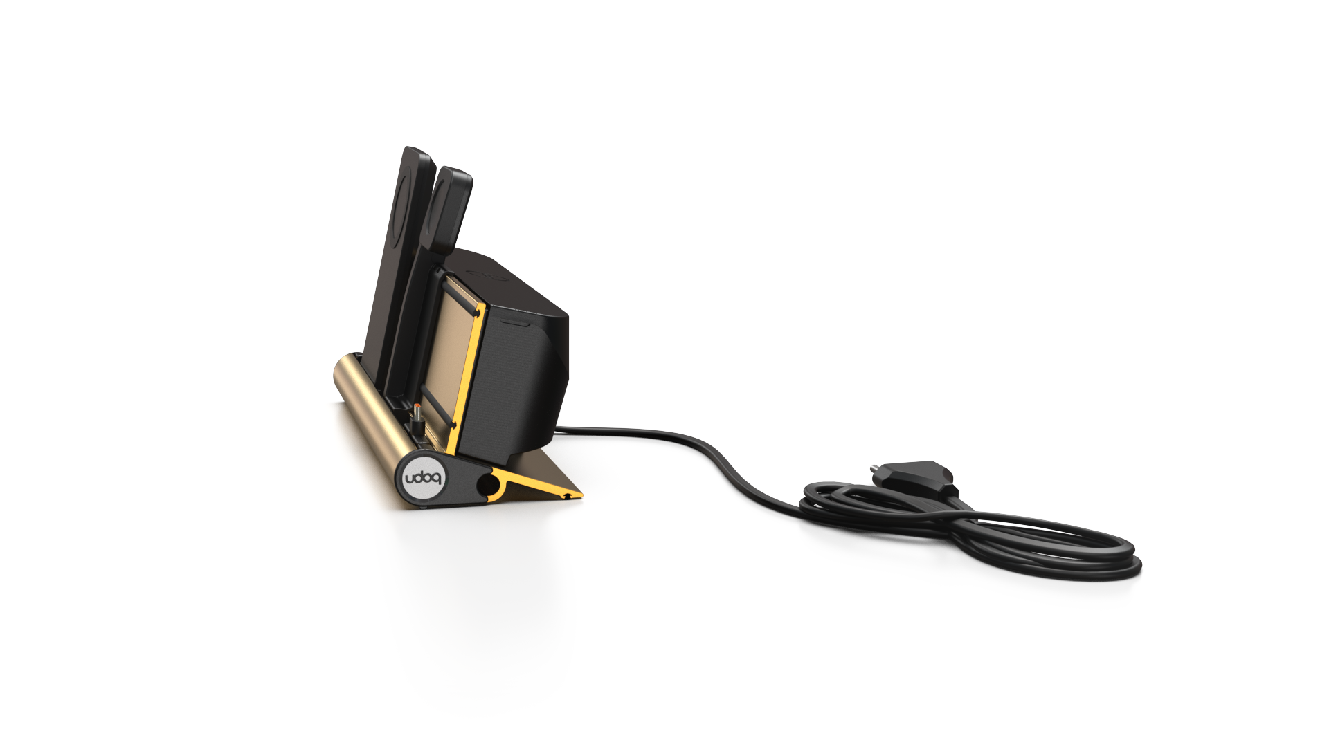 udoq 250 PREMIUM WATCH Ladestation gold - 3 fach Ladestation gefräst und eloxiert aus solidem Aluminium. Exklusives Design mit patentierten verschiebbaren Anschlüssen. Lade platzsparend alle iPad, iPhone, AirPods, Apple Watch und Android Geräte mit bis zu 136W.
