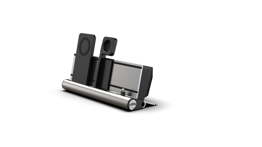 udoq 250 PREMIUM WATCH Ladestation silber - 3 fach Ladestation gefräst und eloxiert aus solidem Aluminium. Exklusives Design mit patentierten verschiebbaren Anschlüssen. Lade platzsparend alle iPad, iPhone, AirPods, Apple Watch und Android Geräte mit bis zu 136W.
