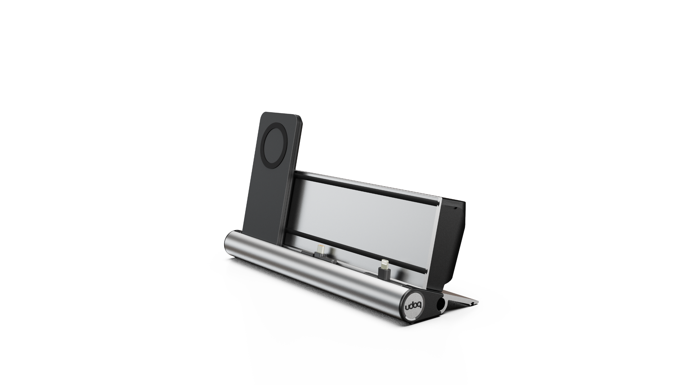 udoq 250 PREMIUM silber - 4 fach Ladestation gefräst und eloxiert aus solidem Aluminium. Exklusives Design mit patentierten verschiebbaren Anschlüssen. Lade platzsparend alle iPad, iPhone, AirPods, Apple Watch und Android Geräte mit bis zu 136W.