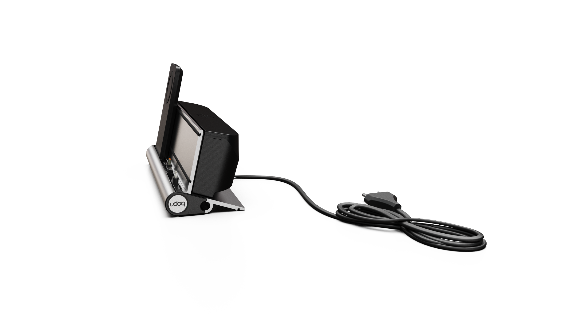 udoq 250 PREMIUM silber - 4 fach Ladestation gefräst und eloxiert aus solidem Aluminium. Exklusives Design mit patentierten verschiebbaren Anschlüssen. Lade platzsparend alle iPad, iPhone, AirPods, Apple Watch und Android Geräte mit bis zu 136W.