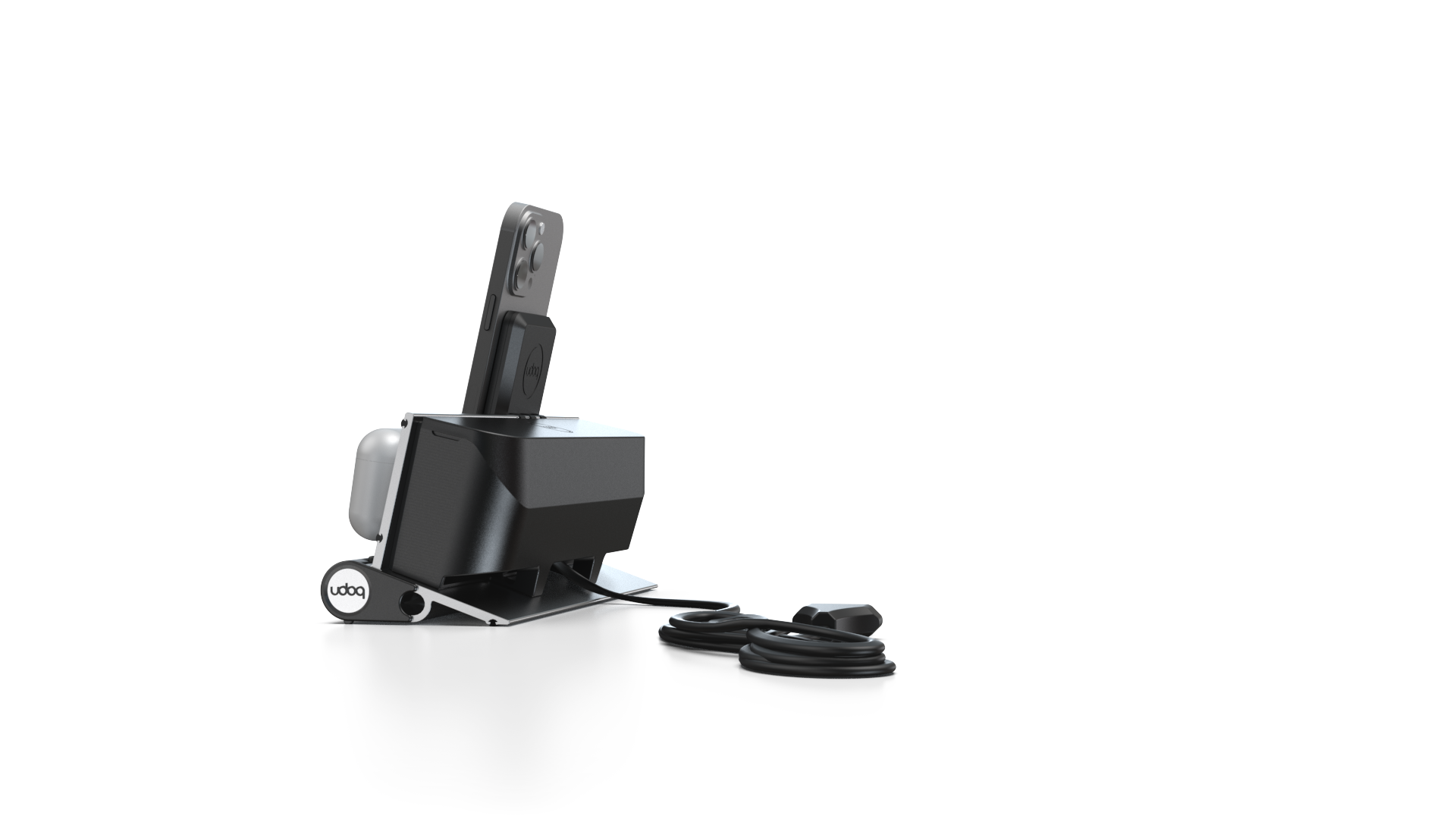 udoq 250 PREMIUM silber - 2 fach Ladestation gefräst und eloxiert aus solidem Aluminium. Exklusives Design mit patentierten verschiebbaren Anschlüssen. Lade platzsparend alle iPad, iPhone, AirPods, Apple Watch und Android Geräte mit bis zu 136W.