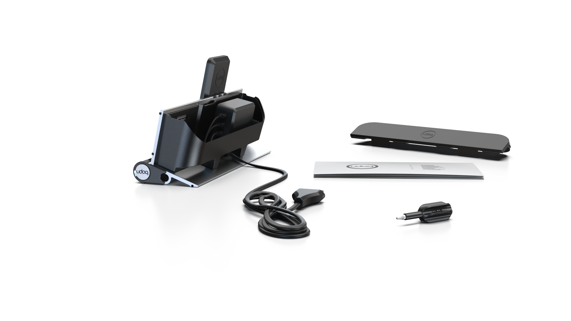 udoq 250 PREMIUM silber - 2 fach Ladestation gefräst und eloxiert aus solidem Aluminium. Exklusives Design mit patentierten verschiebbaren Anschlüssen. Lade platzsparend alle iPad, iPhone, AirPods, Apple Watch und Android Geräte mit bis zu 136W.