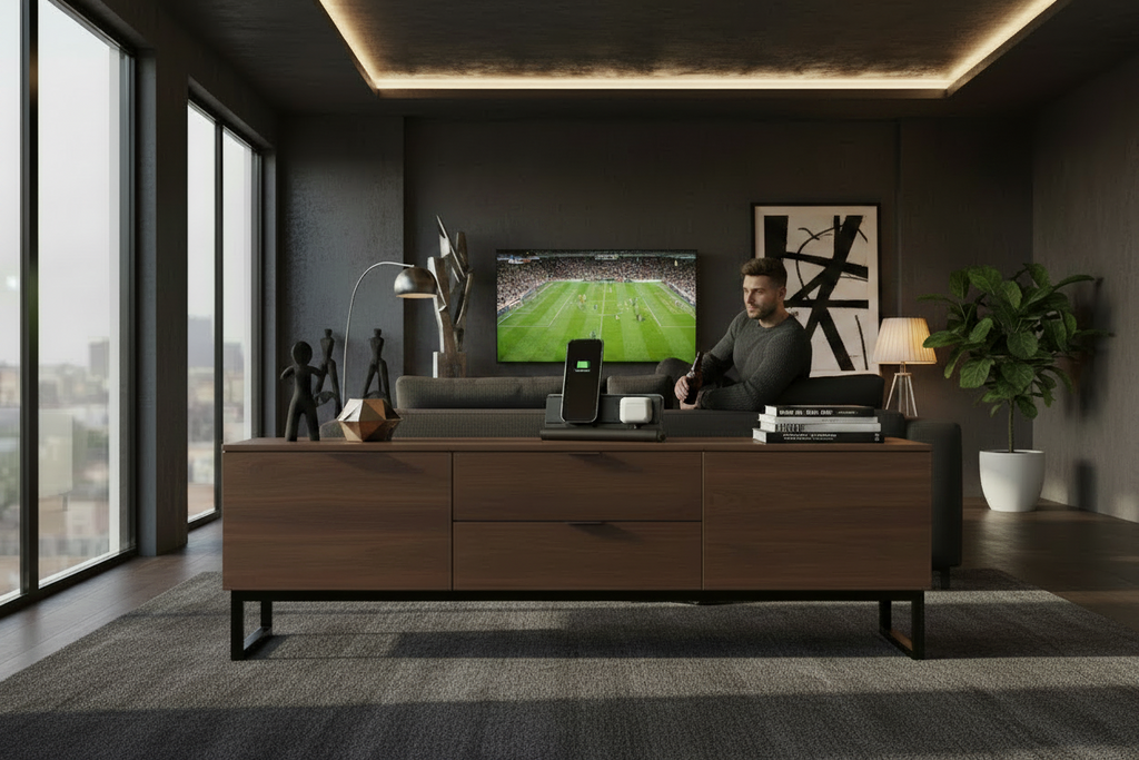 udoq 250 PREMIUM schwarz - 2 fach Ladestation gefräst und eloxiert aus solidem Aluminium. Exklusives Design mit patentierten verschiebbaren Anschlüssen. Lade platzsparend alle iPad, iPhone, AirPods, Apple Watch und Android Geräte mit bis zu 136W. AA