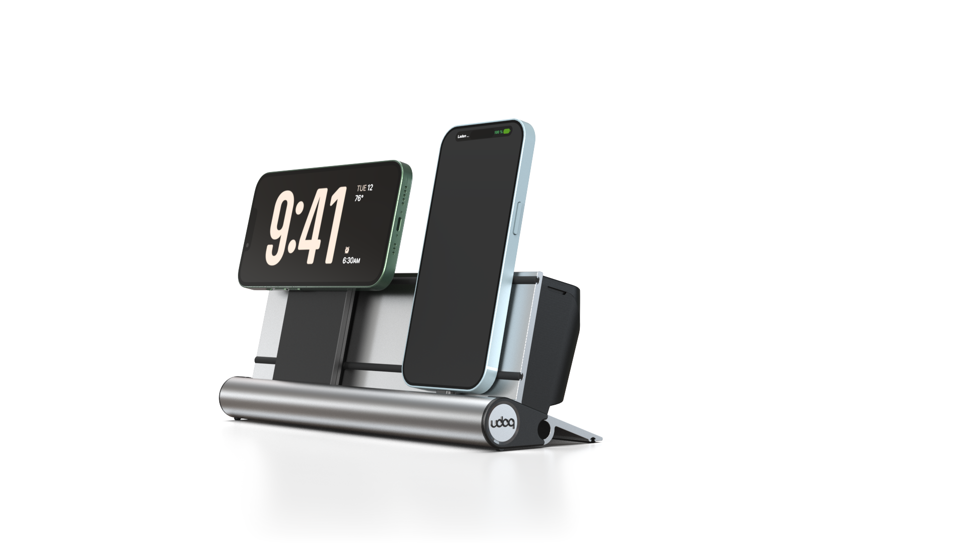 udoq 250 PREMIUM silber - 2 fach Ladestation gefräst und eloxiert aus solidem Aluminium. Exklusives Design mit patentierten verschiebbaren Anschlüssen. Lade platzsparend alle iPad, iPhone, AirPods, Apple Watch und Android Geräte mit bis zu 136W.