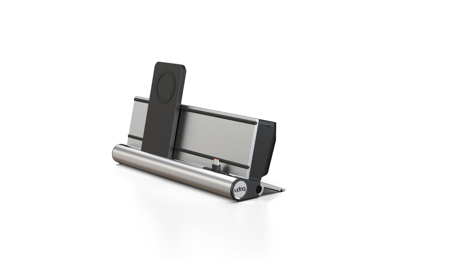udoq 250 PREMIUM silber - 2 fach Ladestation gefräst und eloxiert aus solidem Aluminium. Exklusives Design mit patentierten verschiebbaren Anschlüssen. Lade platzsparend alle iPad, iPhone, AirPods, Apple Watch und Android Geräte mit bis zu 136W.