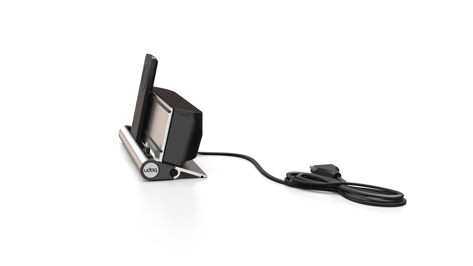 udoq 250 PREMIUM silber - 2 fach Ladestation gefräst und eloxiert aus solidem Aluminium. Exklusives Design mit patentierten verschiebbaren Anschlüssen. Lade platzsparend alle iPad, iPhone, AirPods, Apple Watch und Android Geräte mit bis zu 136W.