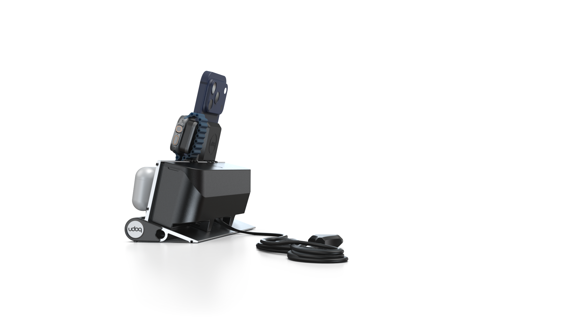 udoq 250 PREMIUM WATCH Ladestation silber - 3 fach Ladestation gefräst und eloxiert aus solidem Aluminium. Exklusives Design mit patentierten verschiebbaren Anschlüssen. Lade platzsparend alle iPad, iPhone, AirPods, Apple Watch und Android Geräte mit bis zu 136W.