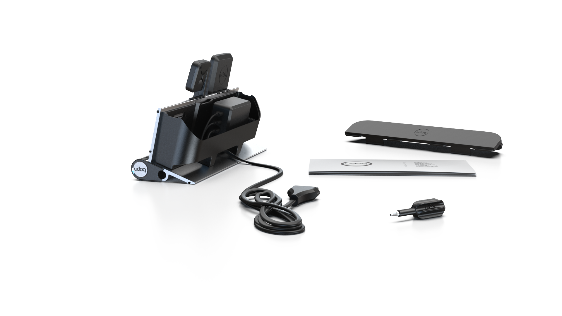 udoq 250 PREMIUM WATCH Ladestation silber - 3 fach Ladestation gefräst und eloxiert aus solidem Aluminium. Exklusives Design mit patentierten verschiebbaren Anschlüssen. Lade platzsparend alle iPad, iPhone, AirPods, Apple Watch und Android Geräte mit bis zu 136W.