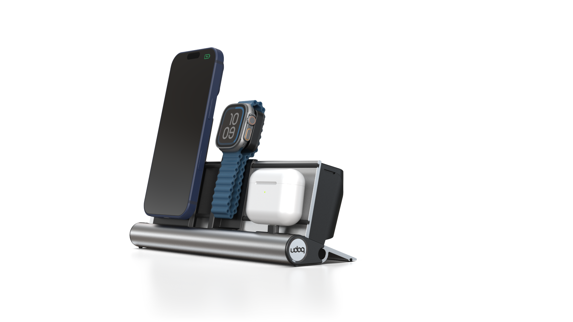 udoq 250 PREMIUM WATCH Ladestation silber - 3 fach Ladestation gefräst und eloxiert aus solidem Aluminium. Exklusives Design mit patentierten verschiebbaren Anschlüssen. Lade platzsparend alle iPad, iPhone, AirPods, Apple Watch und Android Geräte mit bis zu 136W.