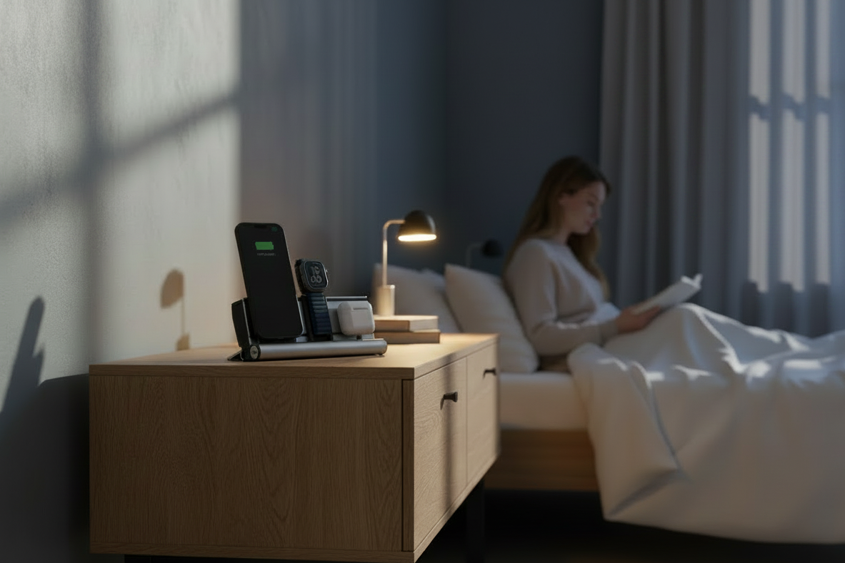 udoq 250 PREMIUM WATCH Ladestation silber - 3 fach Ladestation gefräst und eloxiert aus solidem Aluminium. Exklusives Design mit patentierten verschiebbaren Anschlüssen. Lade platzsparend alle iPad, iPhone, AirPods, Apple Watch und Android Geräte mit bis zu 136W.