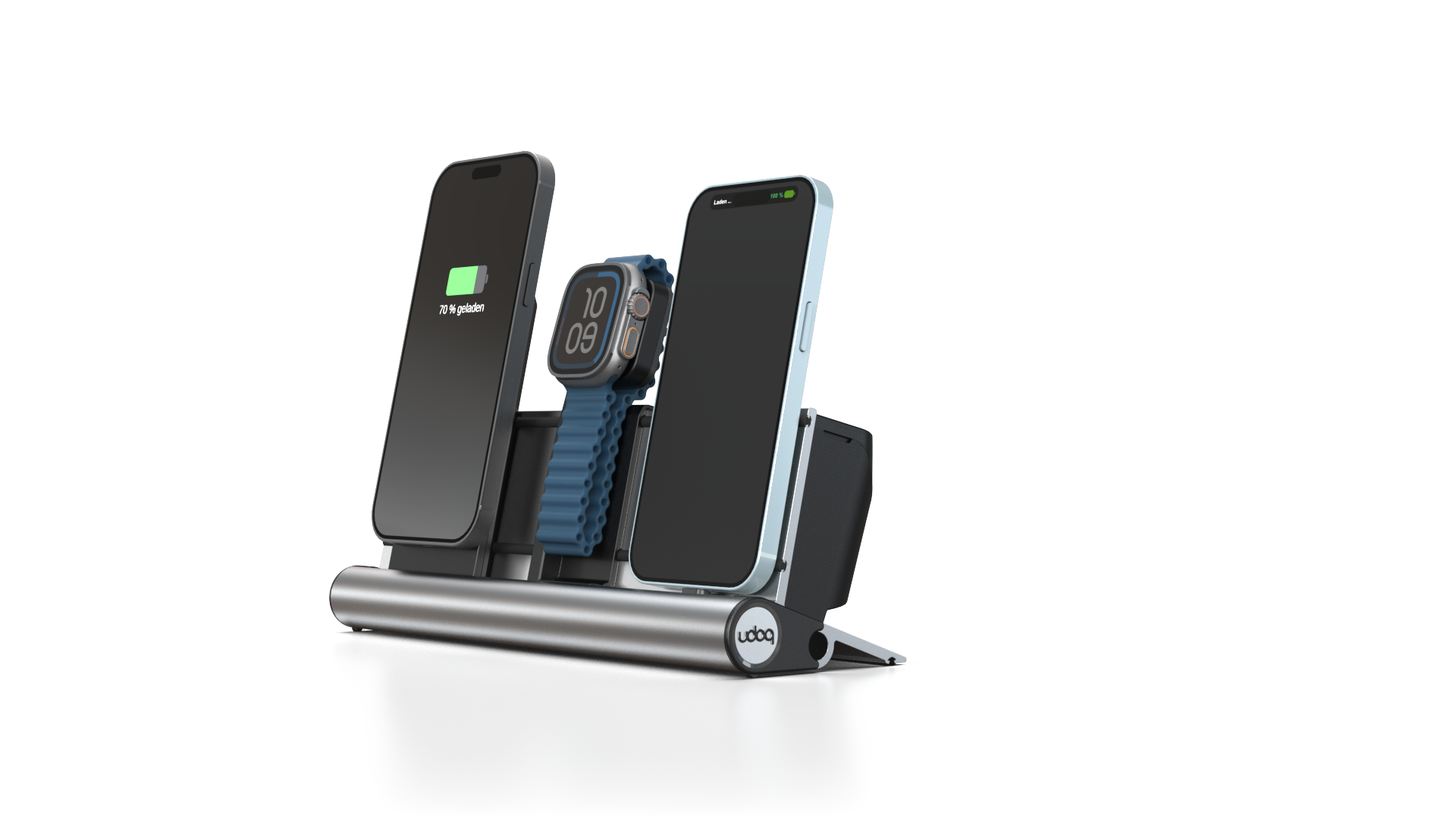 udoq 250 PREMIUM WATCH Ladestation silber - 3 fach Ladestation gefräst und eloxiert aus solidem Aluminium. Exklusives Design mit patentierten verschiebbaren Anschlüssen. Lade platzsparend alle iPad, iPhone, AirPods, Apple Watch und Android Geräte mit bis zu 136W.
