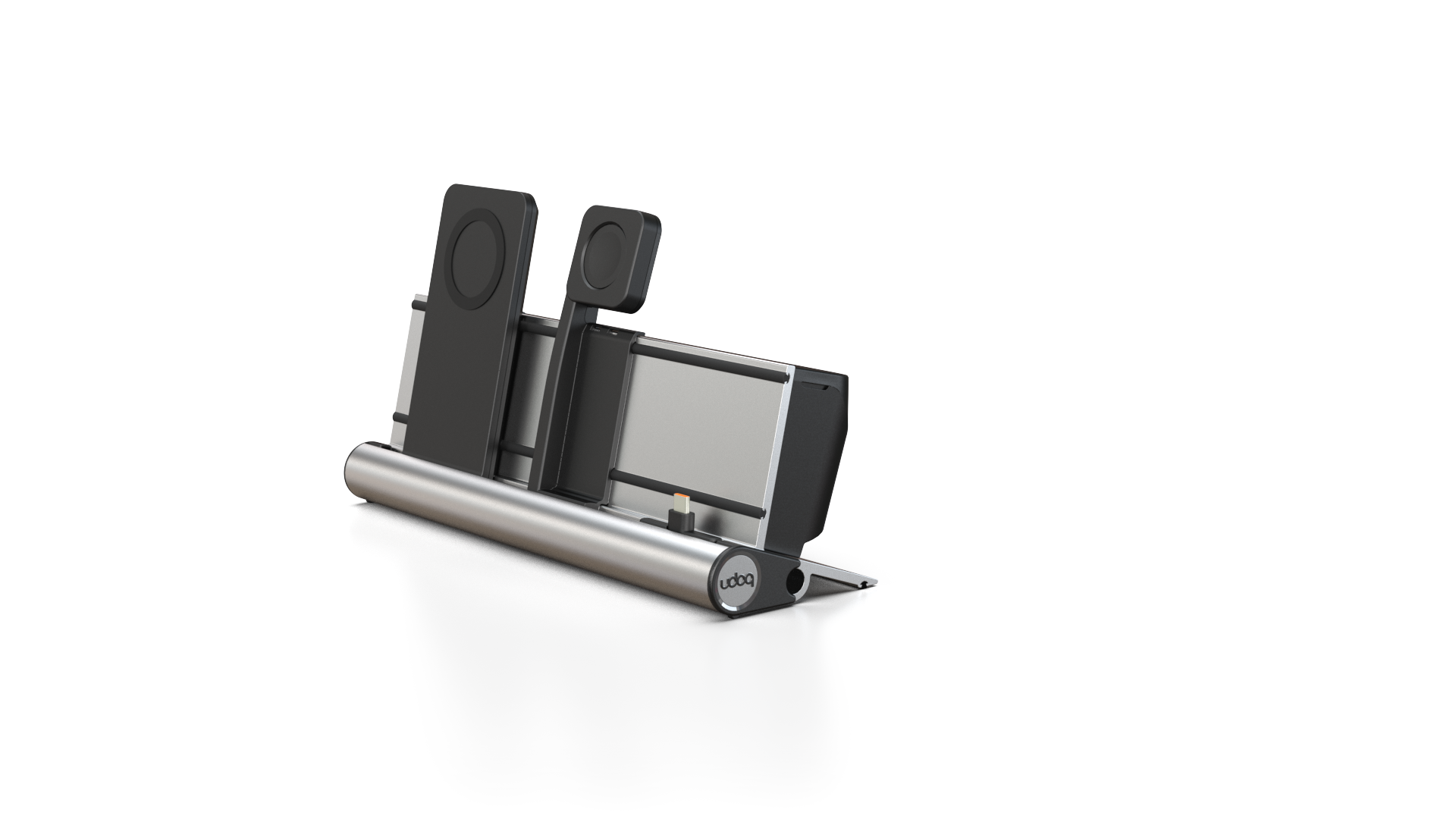 udoq 250 PREMIUM WATCH Ladestation silber - 3 fach Ladestation gefräst und eloxiert aus solidem Aluminium. Exklusives Design mit patentierten verschiebbaren Anschlüssen. Lade platzsparend alle iPad, iPhone, AirPods, Apple Watch und Android Geräte mit bis zu 136W.