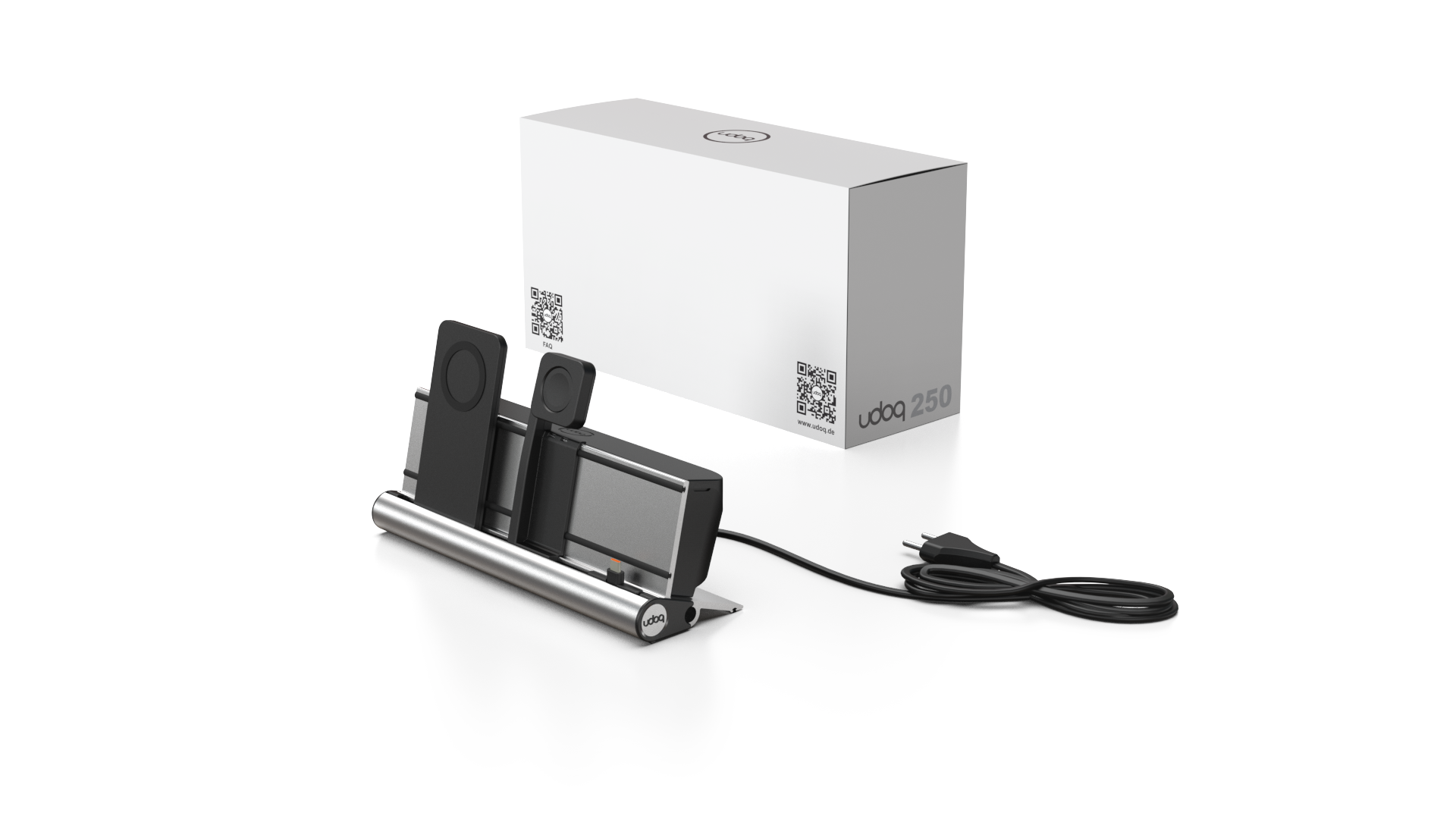 udoq 250 PREMIUM WATCH Ladestation silber - 3 fach Ladestation gefräst und eloxiert aus solidem Aluminium. Exklusives Design mit patentierten verschiebbaren Anschlüssen. Lade platzsparend alle iPad, iPhone, AirPods, Apple Watch und Android Geräte mit bis zu 136W.