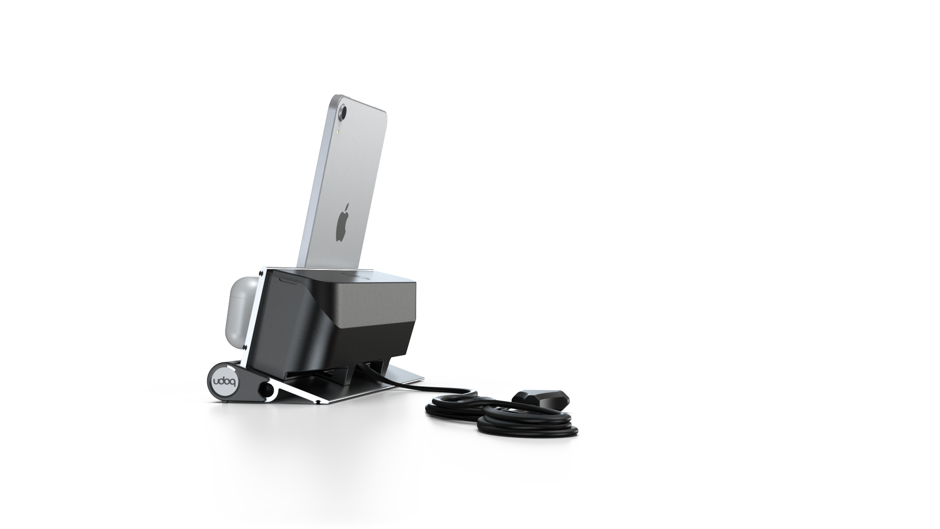 udoq 250 STARTER silber - 5 fach Ladestation gefräst und eloxiert aus solidem Aluminium. Exklusives Design mit patentierten verschiebbaren Anschlüssen. Lade platzsparend alle iPad, iPhone, AirPods, Apple Watch und Android Geräte mit bis zu 136W.