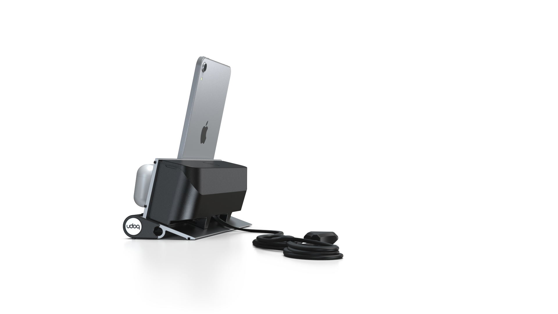 udoq 250 STARTER silber - 5 fach Ladestation gefräst und eloxiert aus solidem Aluminium. Exklusives Design mit patentierten verschiebbaren Anschlüssen. Lade platzsparend alle iPad, iPhone, AirPods, Apple Watch und Android Geräte mit bis zu 136W.