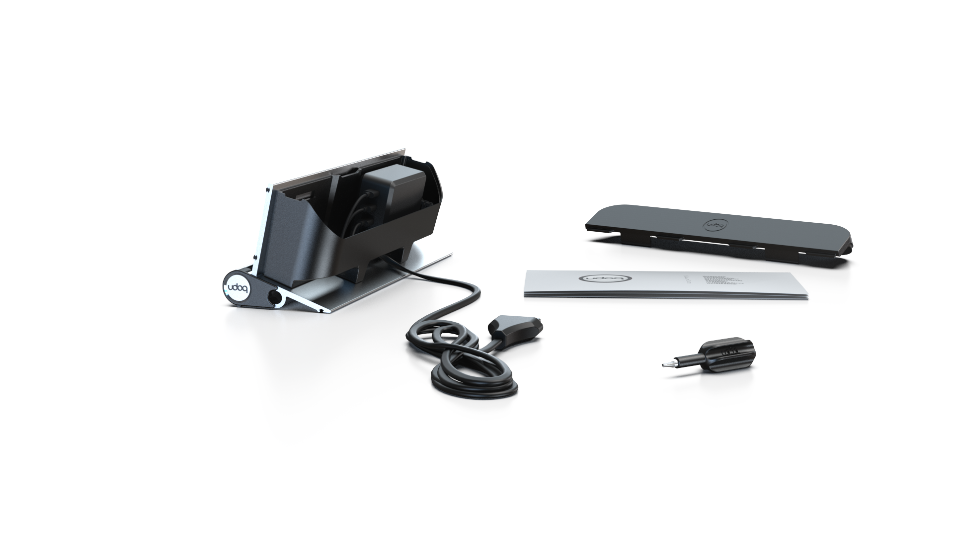 udoq 250 STARTER silber - 5 fach Ladestation gefräst und eloxiert aus solidem Aluminium. Exklusives Design mit patentierten verschiebbaren Anschlüssen. Lade platzsparend alle iPad, iPhone, AirPods, Apple Watch und Android Geräte mit bis zu 136W.