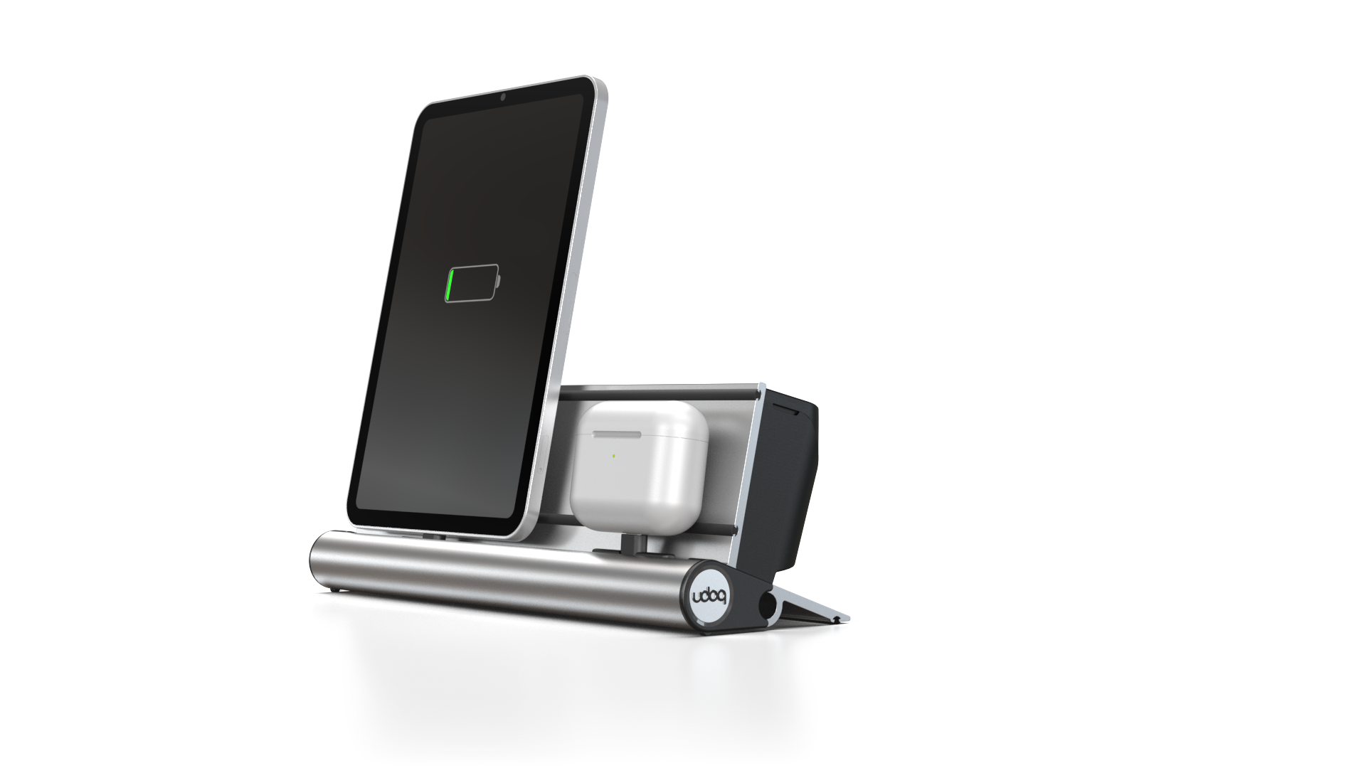 udoq 250 STARTER silber - 5 fach Ladestation gefräst und eloxiert aus solidem Aluminium. Exklusives Design mit patentierten verschiebbaren Anschlüssen. Lade platzsparend alle iPad, iPhone, AirPods, Apple Watch und Android Geräte mit bis zu 136W.