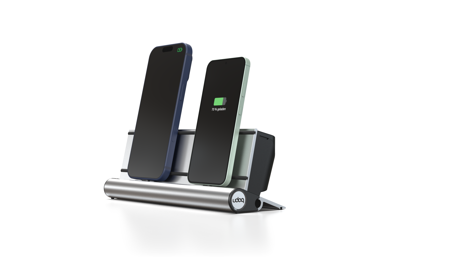 udoq 250 STARTER silber - 5 fach Ladestation gefräst und eloxiert aus solidem Aluminium. Exklusives Design mit patentierten verschiebbaren Anschlüssen. Lade platzsparend alle iPad, iPhone, AirPods, Apple Watch und Android Geräte mit bis zu 136W.