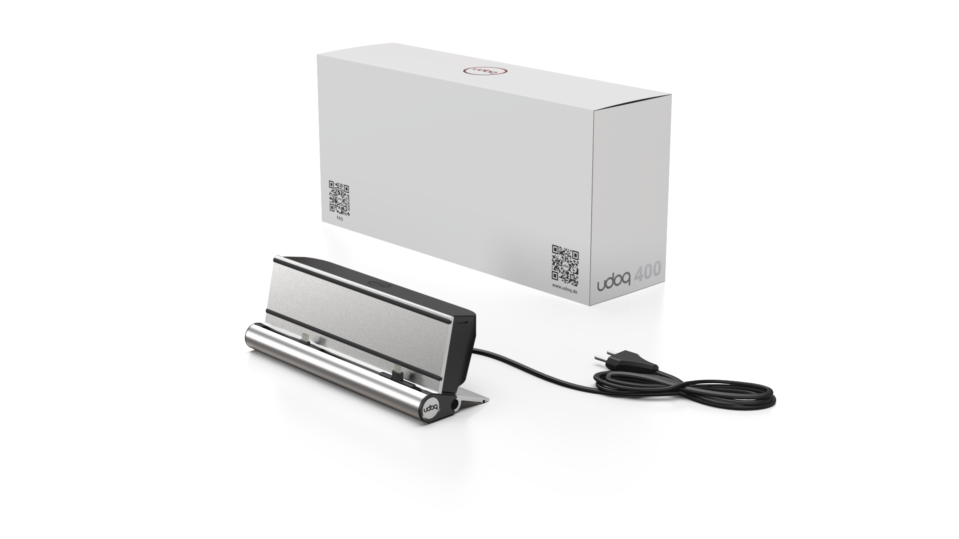 udoq 250 STARTER silber - 5 fach Ladestation gefräst und eloxiert aus solidem Aluminium. Exklusives Design mit patentierten verschiebbaren Anschlüssen. Lade platzsparend alle iPad, iPhone, AirPods, Apple Watch und Android Geräte mit bis zu 136W.