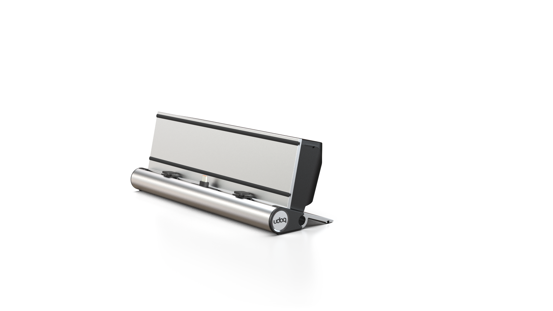 udoq 250 TABLET USB-C silber - 1 fach Ladestation gefräst und eloxiert aus solidem Aluminium. Exklusives Design mit patentierten verschiebbaren Anschlüssen. Lade platzsparend alle iPad, iPhone, AirPods, Apple Watch und Android Geräte mit bis zu 136W.