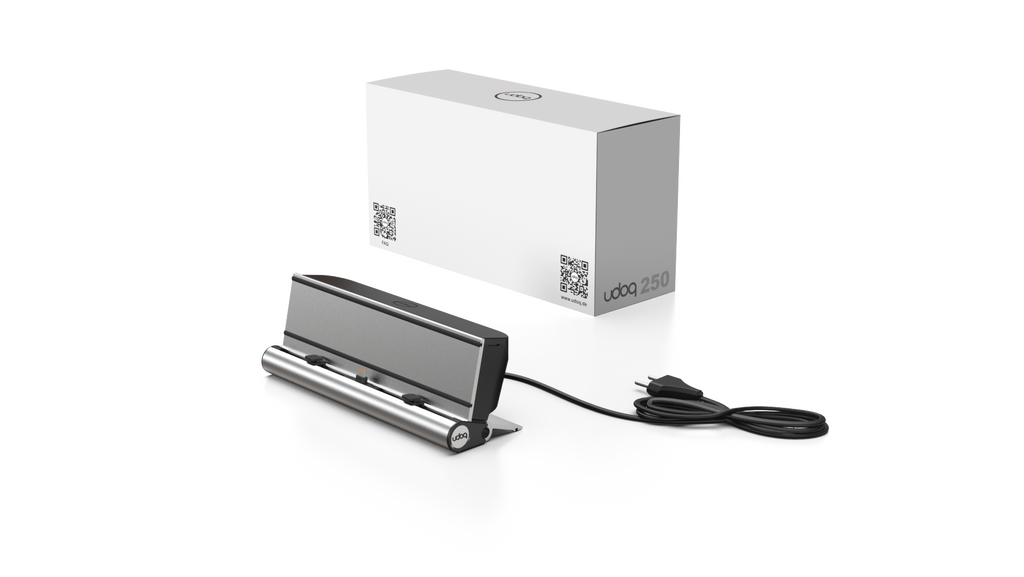 udoq 250 TABLET USB-C silber - 1 fach Ladestation gefräst und eloxiert aus solidem Aluminium. Exklusives Design mit patentierten verschiebbaren Anschlüssen. Lade platzsparend alle iPad, iPhone, AirPods, Apple Watch und Android Geräte mit bis zu 136W.