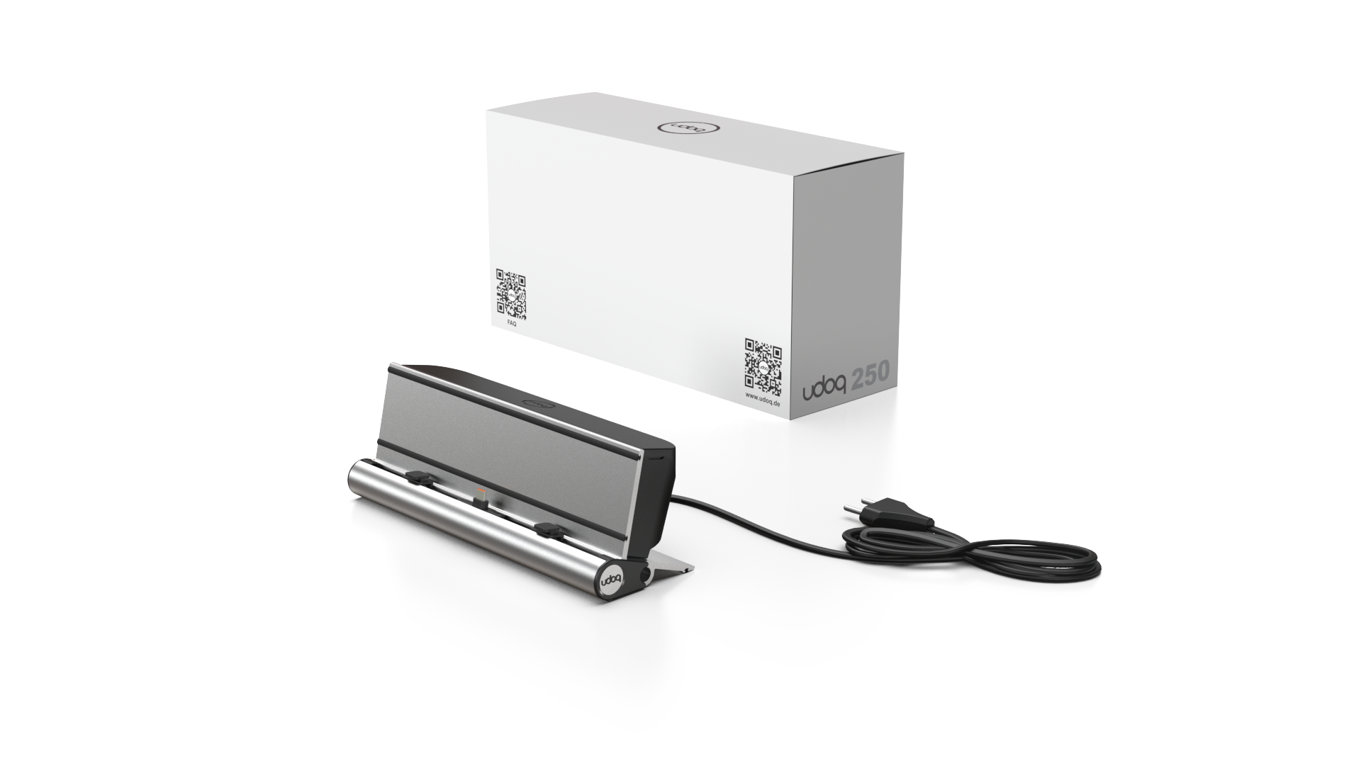 udoq 250 TABLET USB-C silber - 1 fach Ladestation gefräst und eloxiert aus solidem Aluminium. Exklusives Design mit patentierten verschiebbaren Anschlüssen. Lade platzsparend alle iPad, iPhone, AirPods, Apple Watch und Android Geräte mit bis zu 136W.