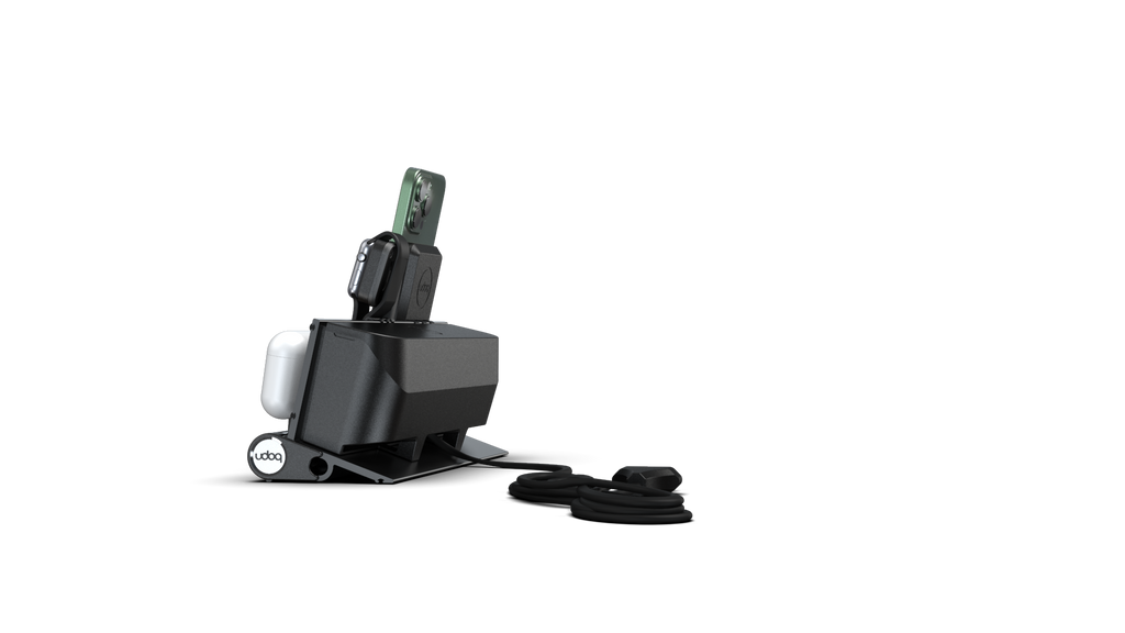 udoq 250 PREMIUM WATCH Ladestation dunkelgrau - 3 fach Ladestation gefräst und eloxiert aus solidem Aluminium. Exklusives Design mit patentierten verschiebbaren Anschlüssen. Lade platzsparend alle iPad, iPhone, AirPods, Apple Watch und Android Geräte mit bis zu 136W.