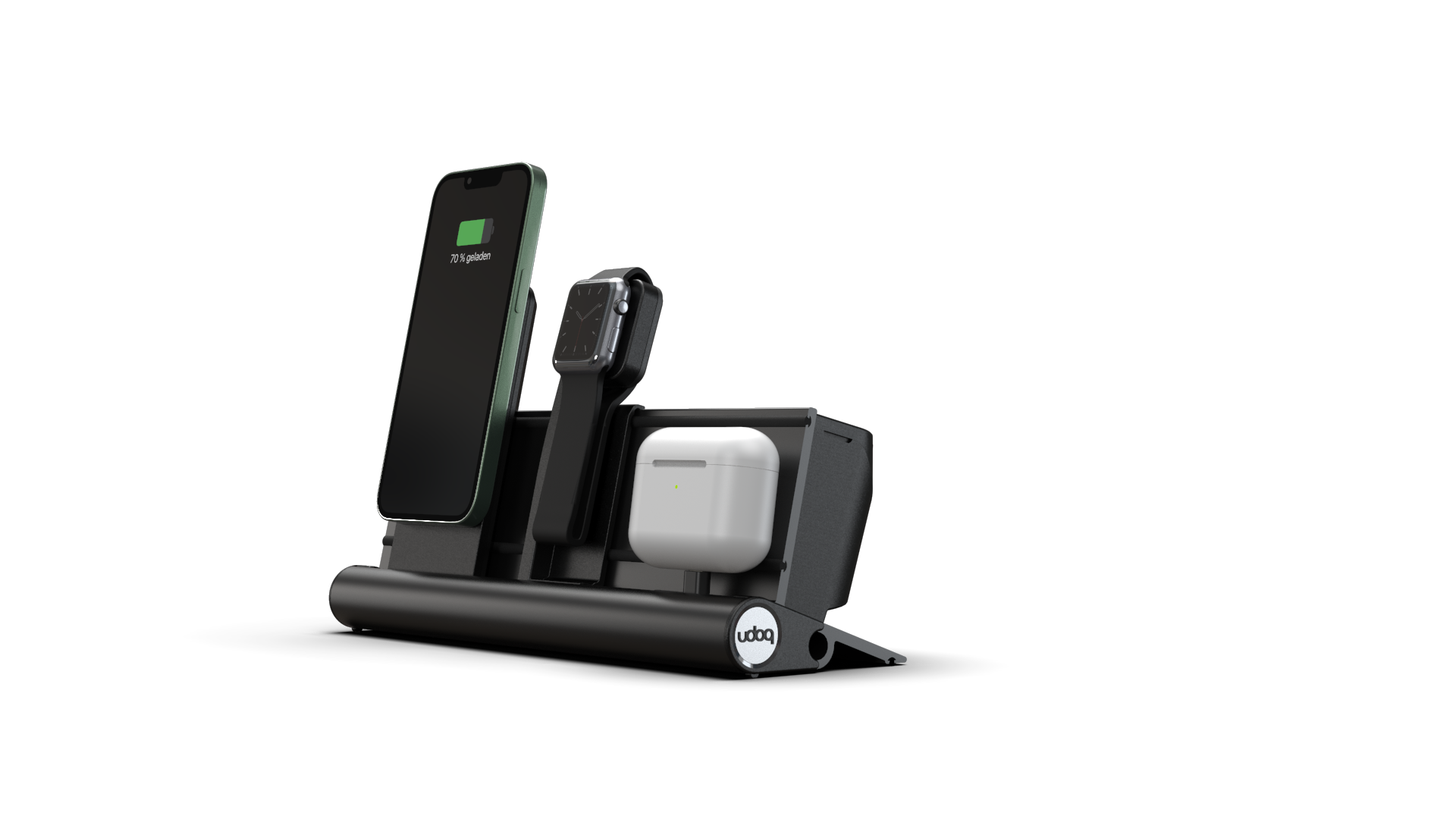 udoq 250 PREMIUM WATCH Ladestation dunkelgrau - 3 fach Ladestation gefräst und eloxiert aus solidem Aluminium. Exklusives Design mit patentierten verschiebbaren Anschlüssen. Lade platzsparend alle iPad, iPhone, AirPods, Apple Watch und Android Geräte mit bis zu 136W.